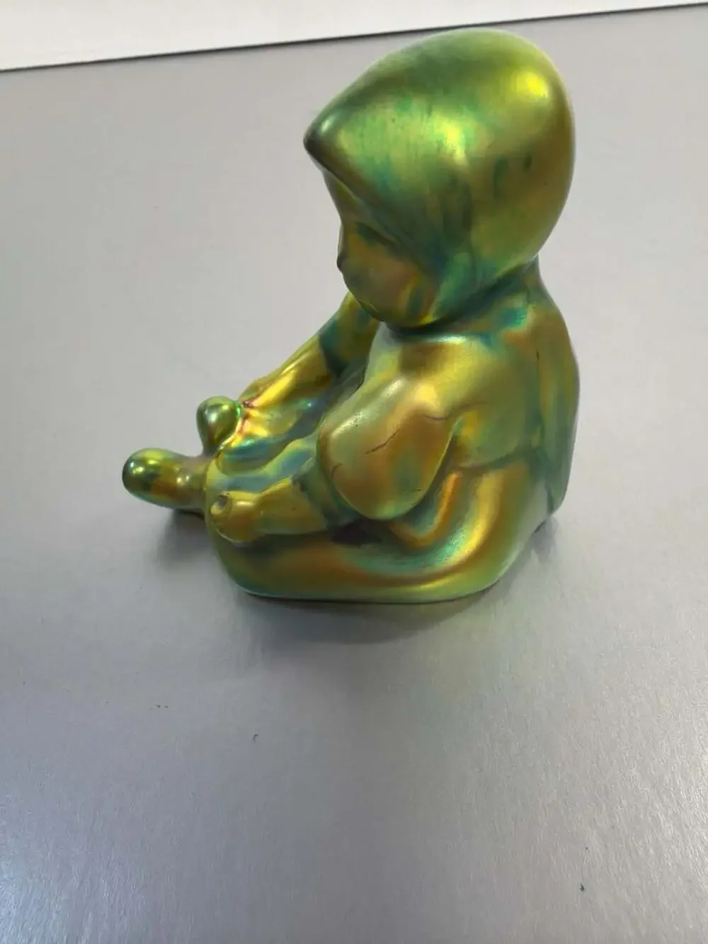 Zsolnay Eosin Iridescent Green Sitting Child Baby Figurine‎ Hungary
